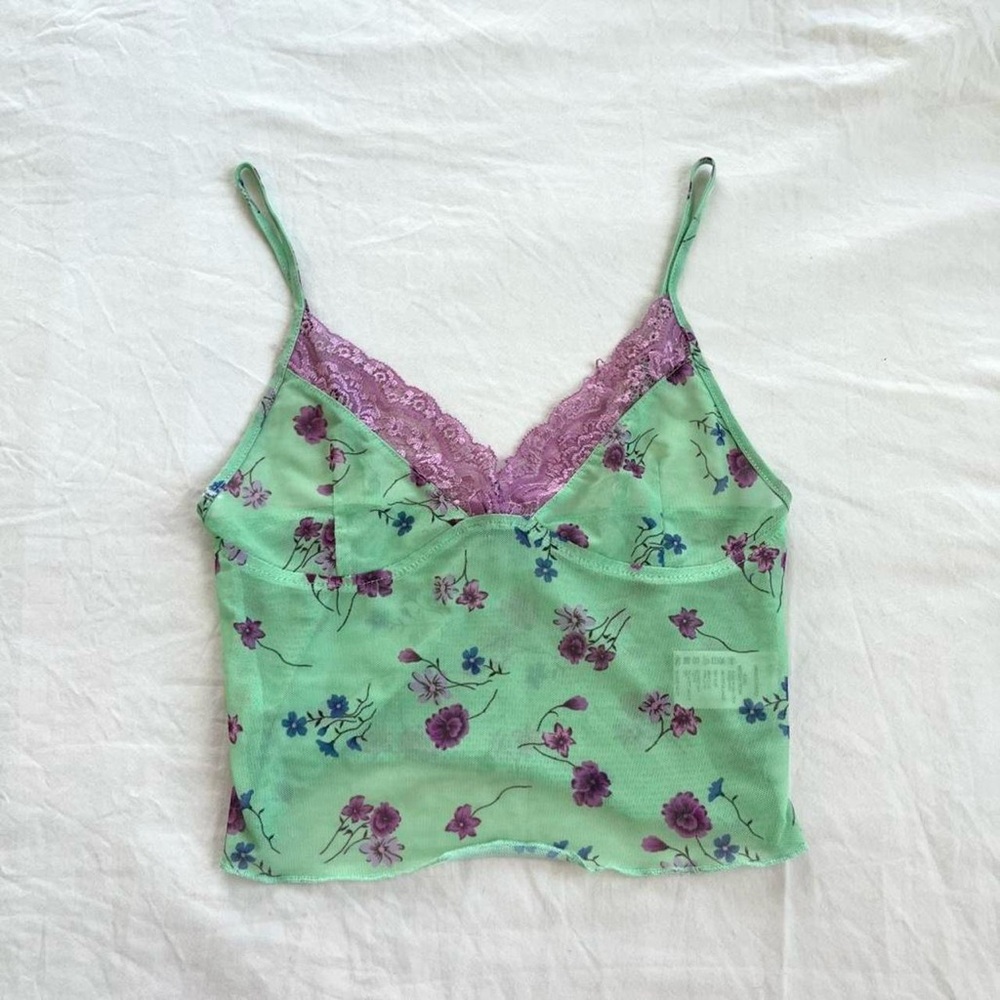 Motel Floral Lace Trim Sheer Mesh Camisole - Green and Purple